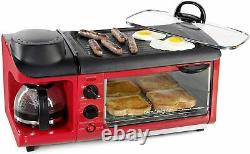 3-in-1 Multi 4 Slice Toaster Oven Breakfast Hub Griddle Pan Coffee Maker Red