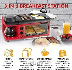 3-in-1 Multi 4 Slice Toaster Oven Breakfast Hub Griddle Pan Coffee Maker Red