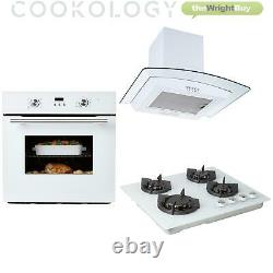 Cookology 60cm White Electric Fan Oven, Gas-on-Glass Hob & Curved Hood Pack