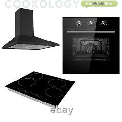 Cookology Black Built-under Double Oven Ceramic Hob & Chimney Cooker Hood Pack 
