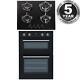 Sia 60cm Black Built In Double Electric Fan Oven & 4 Burner Gas On Glass Hob