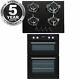Sia 60cm Black Built In Double Electric Fan Oven & 4 Burner Gas On Glass Hob