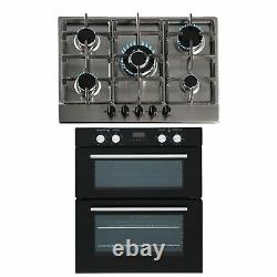 SIA 60cm Black Built Under Double Oven And 70cm 5 Burner Stainless Steel Gas Hob