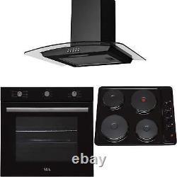 SIA 60cm Black Electric Single Fan Oven, 4 Zone Plate Hob & Curved Cooker Hood