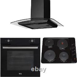 SIA 60cm Black Single Electric Oven, 4 Plate Hob & Curved Glass Cooker Hood