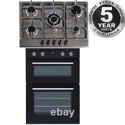 SIA Built In Double Electric Fan Oven & Stainless Steel 70cm 5 Burner Gas Hob