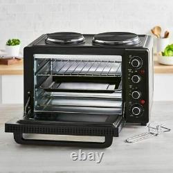Tower 32L Table Top Compact Electric Mini Oven in Black With 2 Hotplates T14044